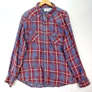 Ryan Michael Shirt Mens XXL Red Blue Plaid Western Metal Snaps Sawtooth Pockets